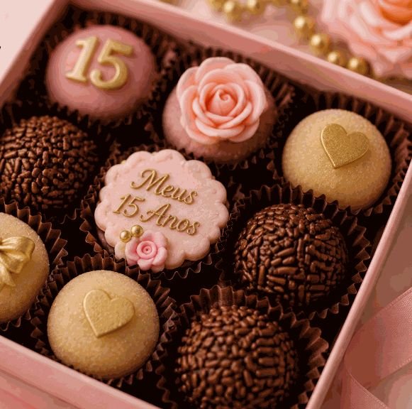 Caixa de brigadeiros e biscoitos personalizados de 15 anos da D'Licias Gourmet