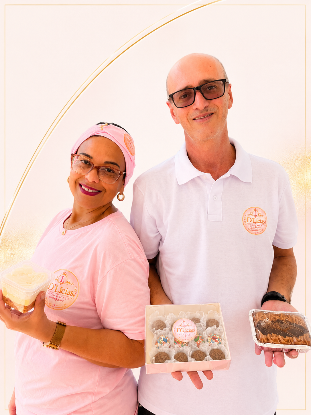 Fundadores da D'Lícias Gourmet com uma caixa de doces personalizados